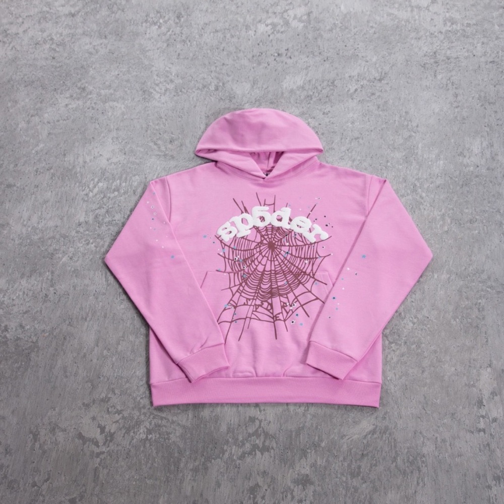 Pink Graphic Crewneck Hoodie with Spiderweb Print